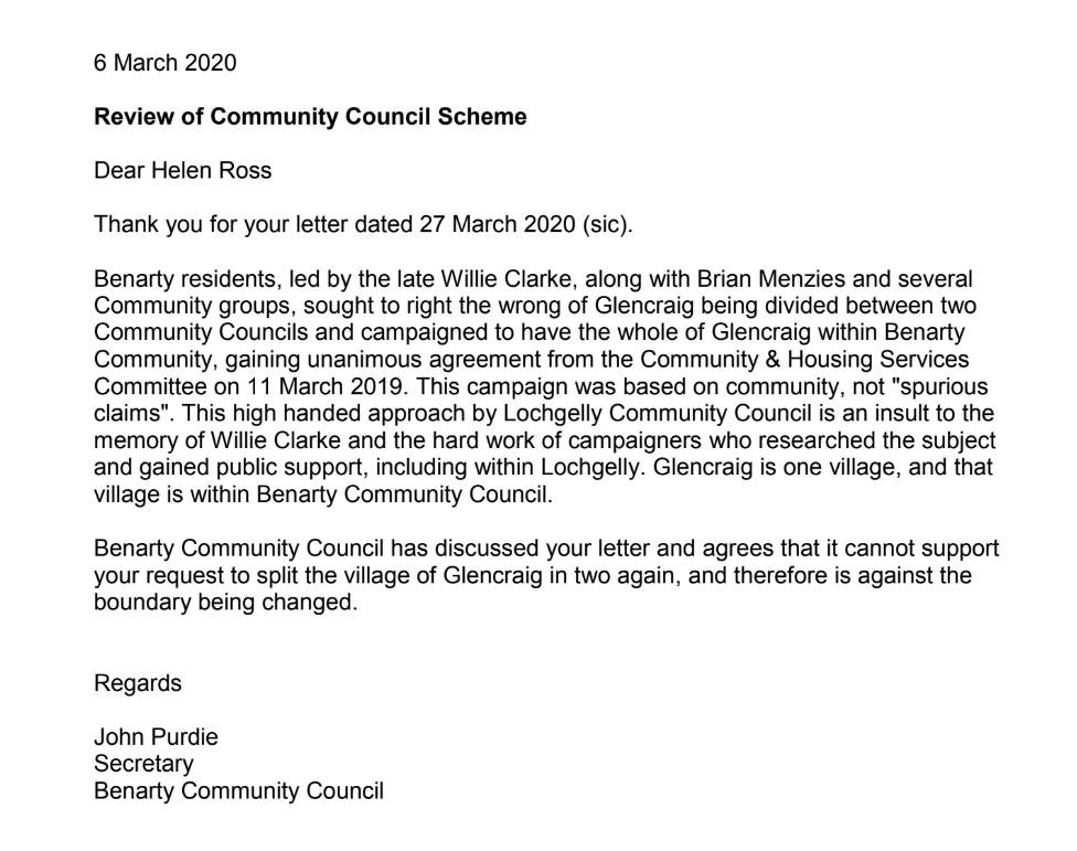 Response letter to Lochgelly Community Council